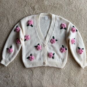 Luna Ivy Cardigan XS Anthropologie Floral 3D Flowers Knit Sweater White Cute